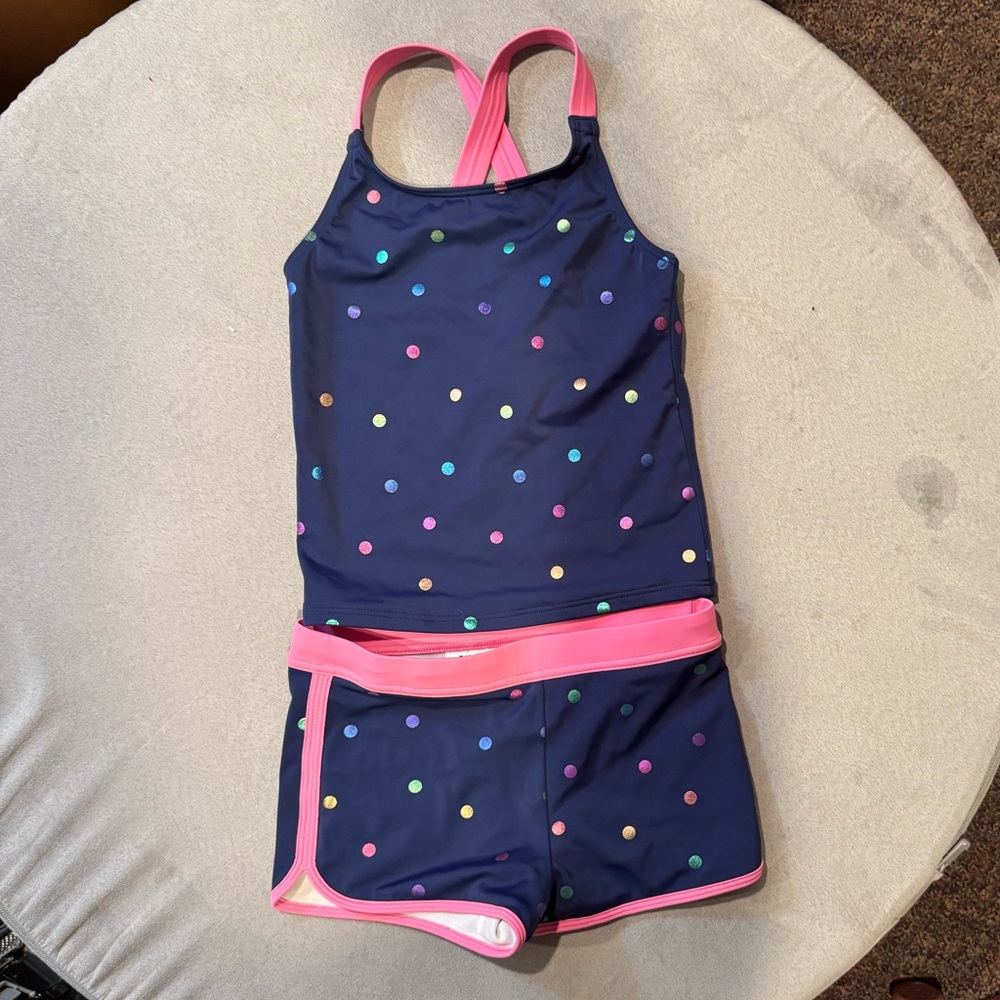 Mini Boden Navy and Pink Polka Dot Swim Rashguard